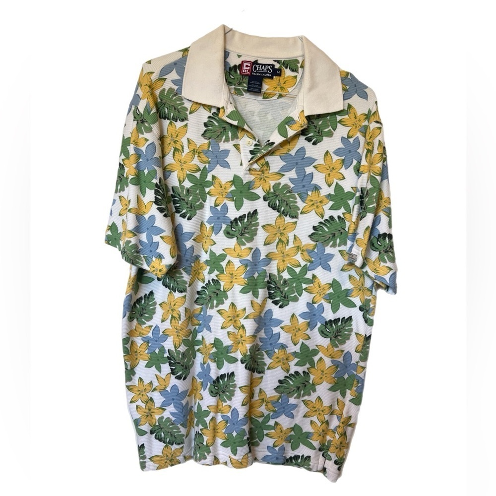 Chaps Ralph Lauren Floral Polo Shirt Size Medium White Colorful Tropical Print